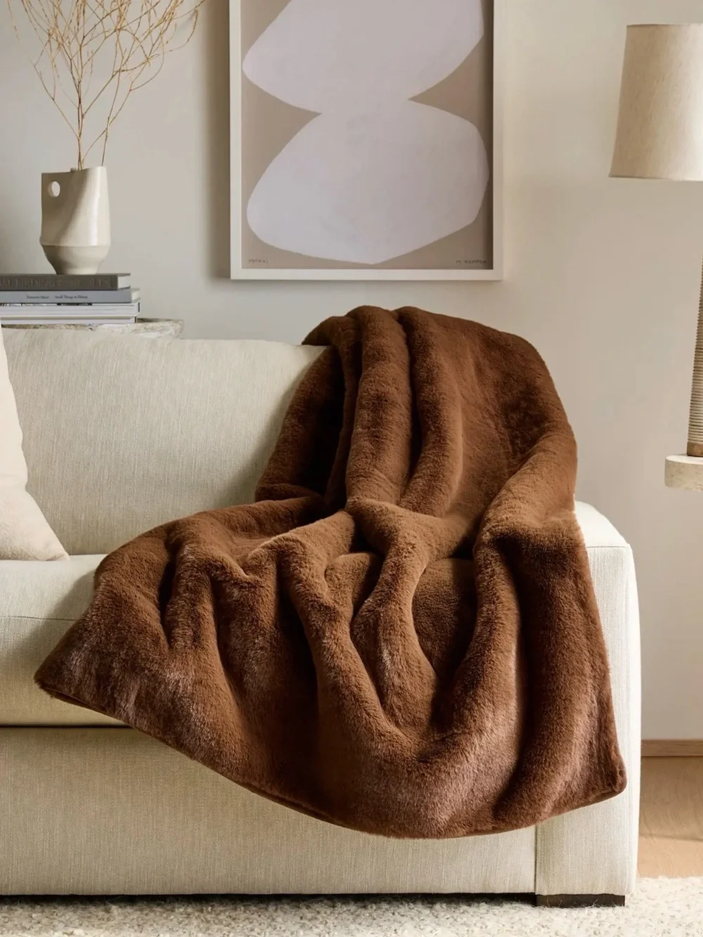 Quince Plush Faux Fur Throw Blanket in Truffle - Retail $90